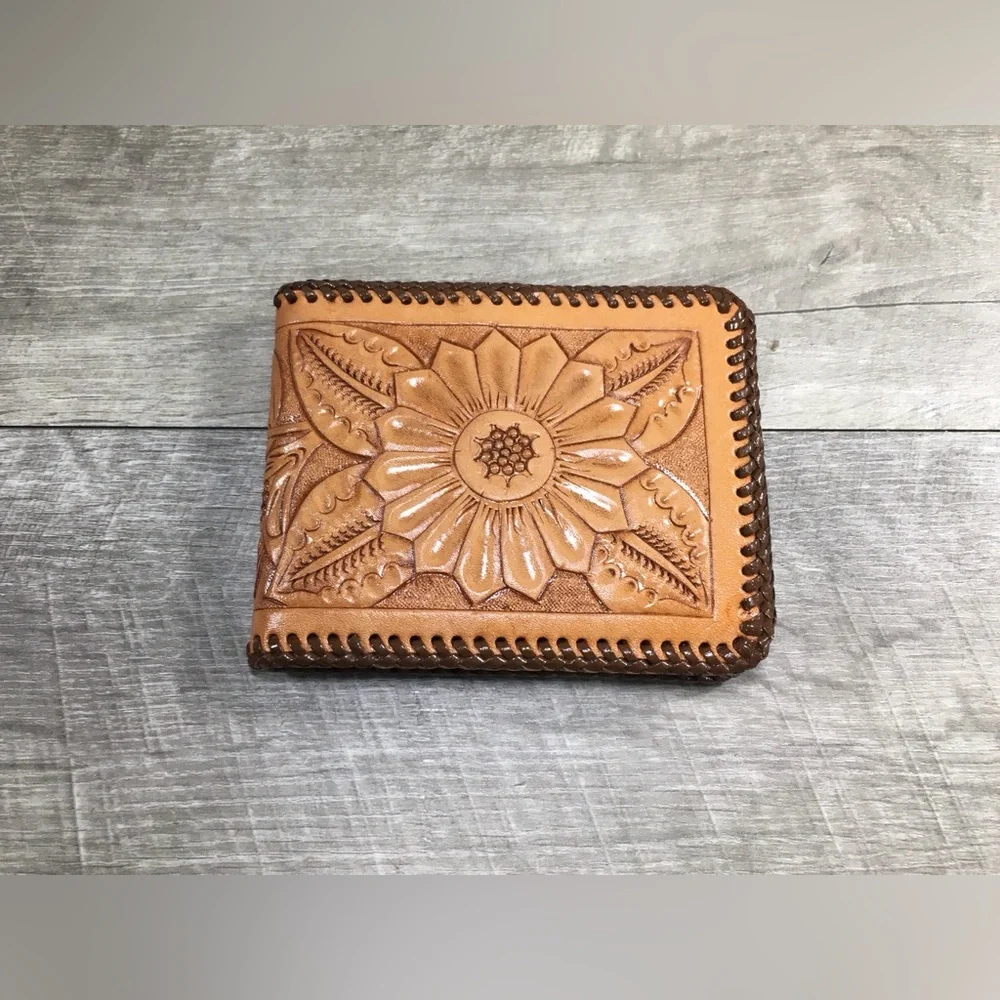 New Old Stock With Box Rolfs Hand Tooled Leather Brown Billfold Wallet Vintage